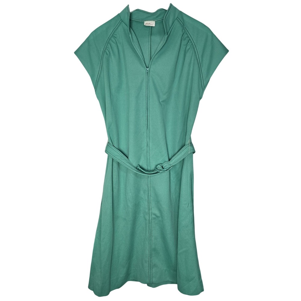 Beeline Fashions Vintage 50s Retro Midi Dress Medium Green Full Zip Belted